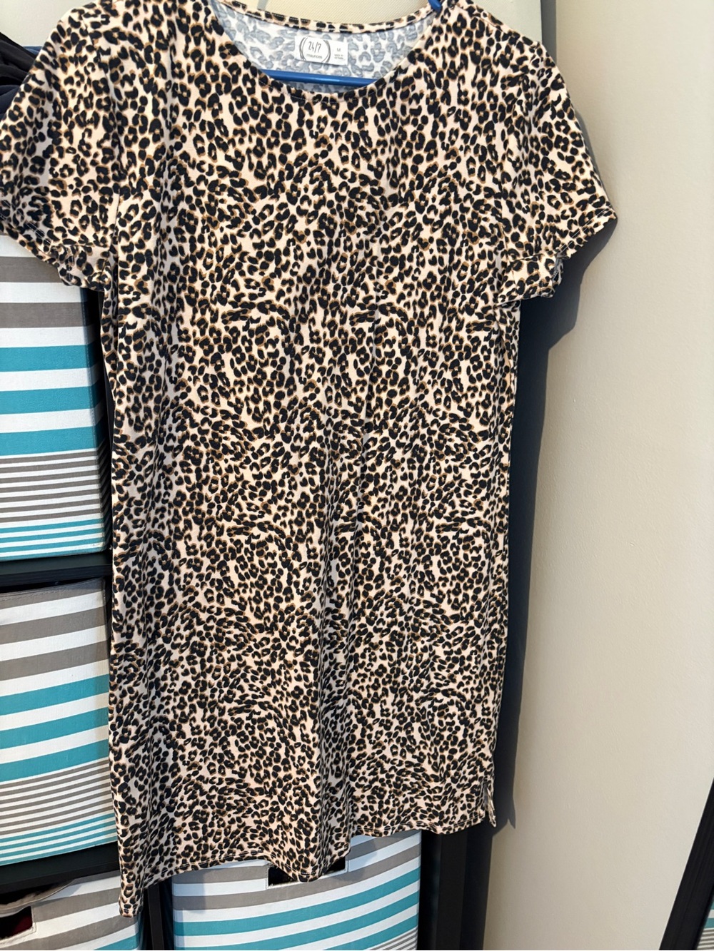Leopard Print Short Sleeve Shirt Dress - Neutral Tones